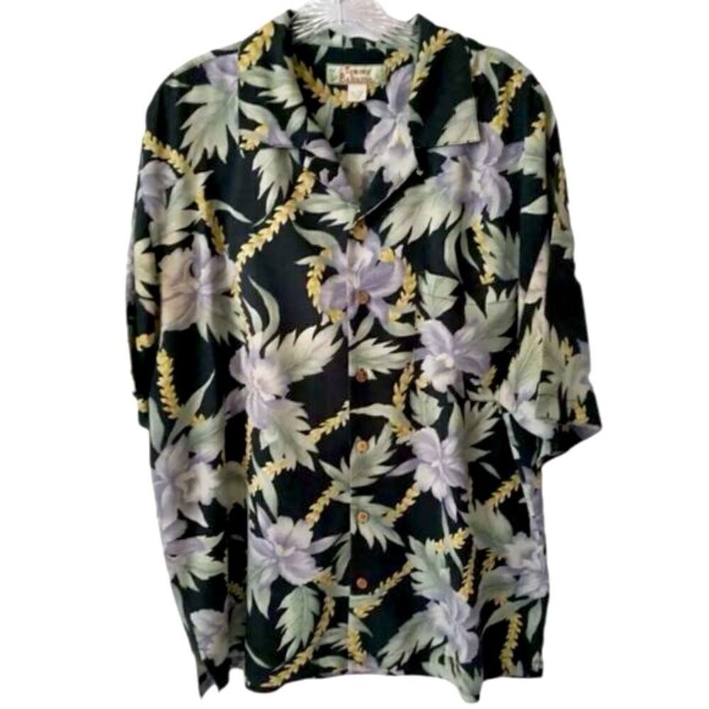 Tommy Bahama Shirt Men’s Size XL Black Hawaiian Tropical Floral Lei 100%…